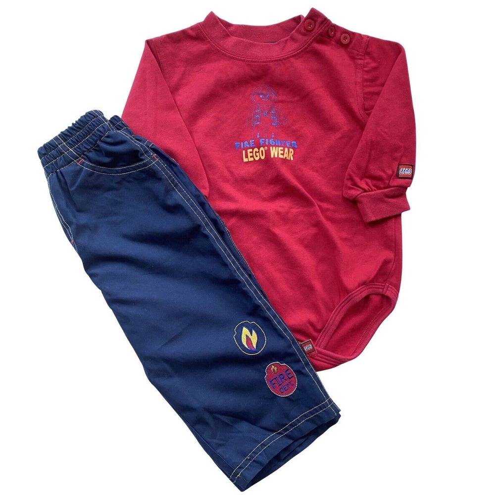 LEGO Wear Fire Fighter Vintage 2 Piece Set Red Bodysuit Blue Pants Infant 18m